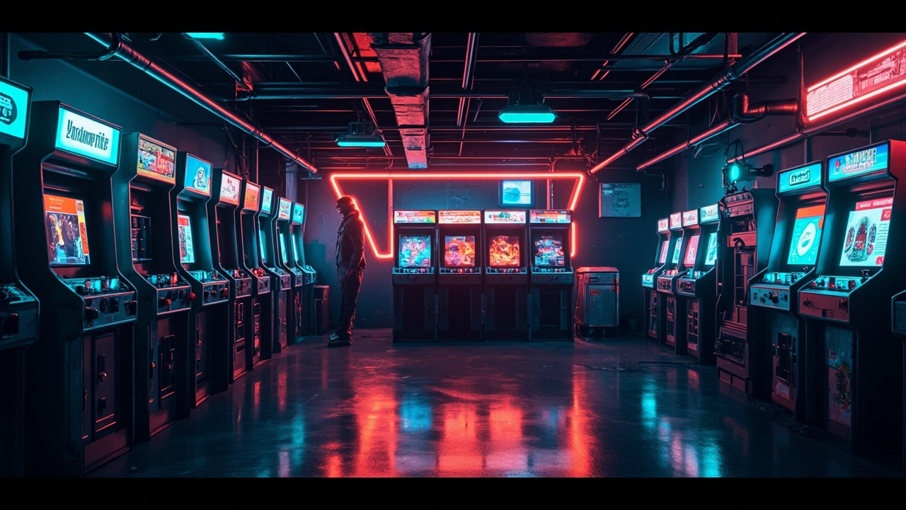 Illustration of a neon-lit retro arcade interior