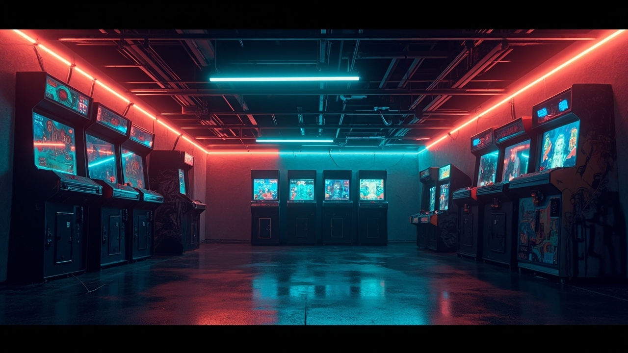 Illustration of a neon-lit retro arcade interior