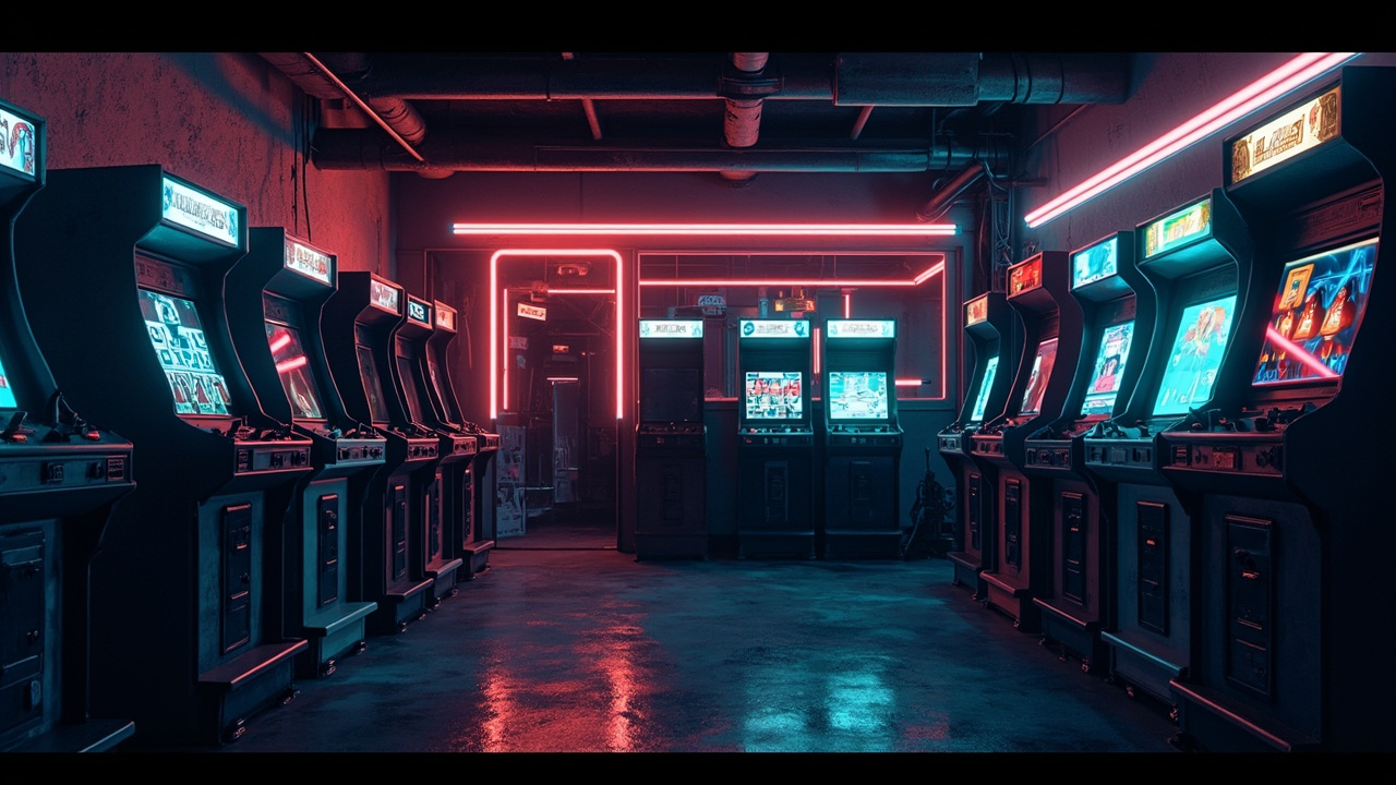 Illustration of a neon-lit retro arcade interior