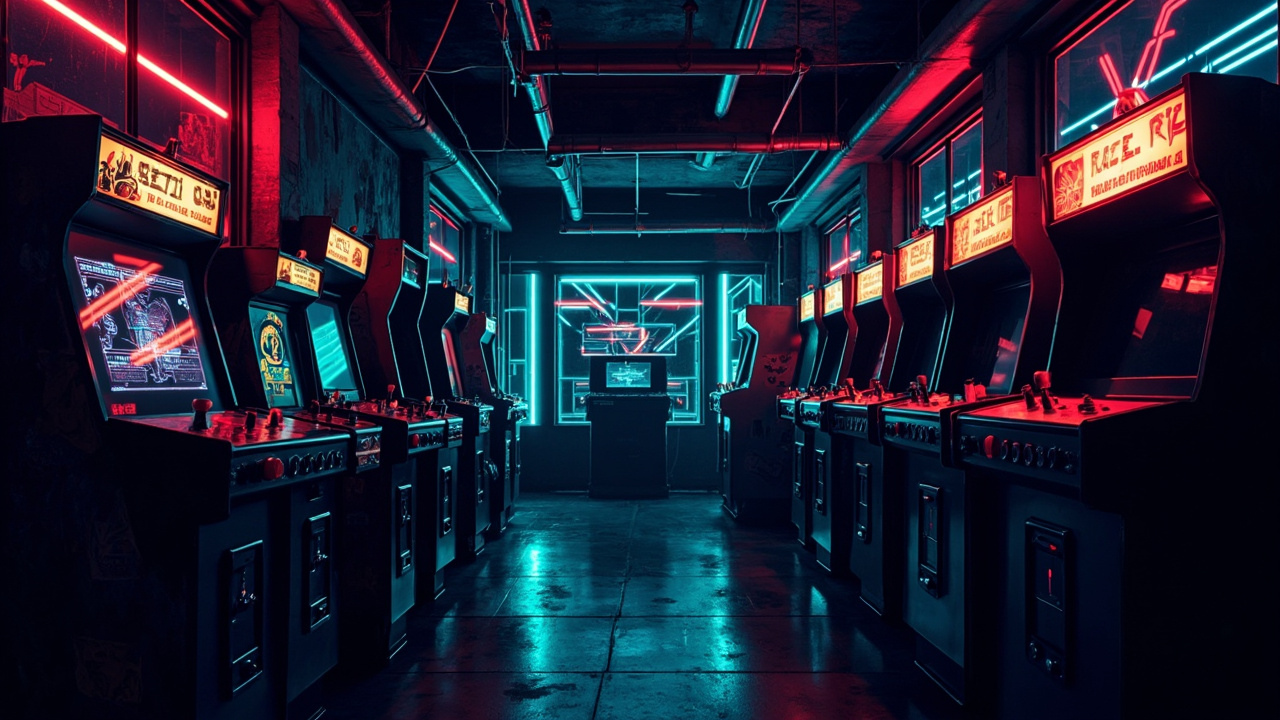 Illustration of a neon-lit retro arcade interior