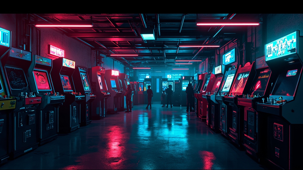 Illustration of a neon-lit retro arcade interior
