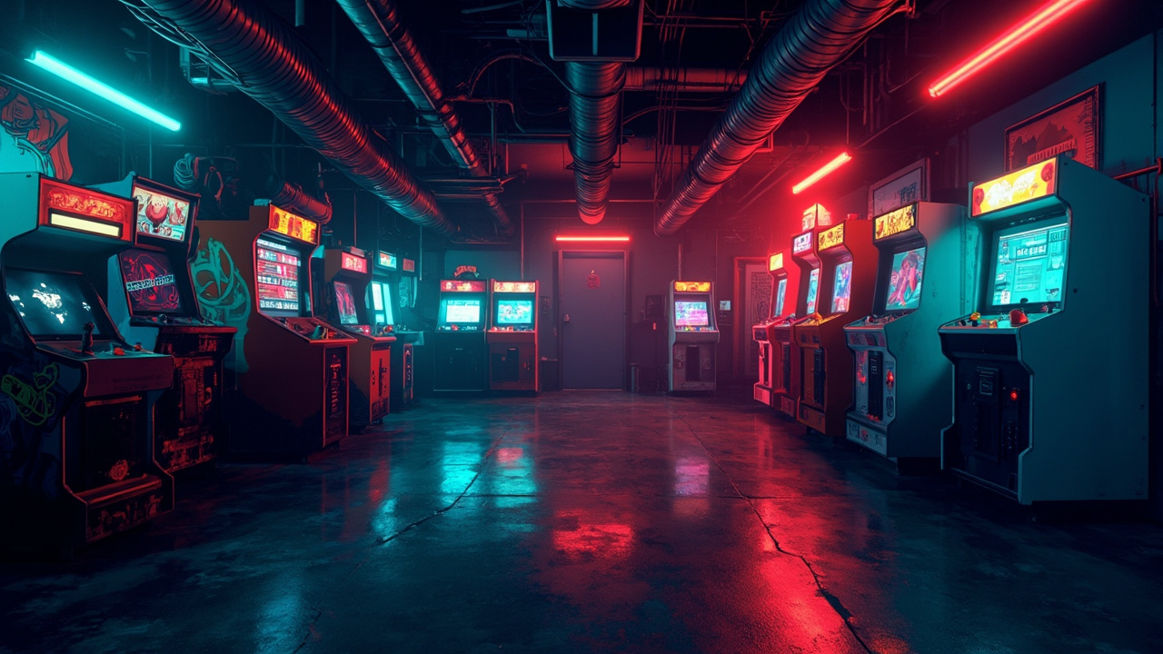 Illustration of a neon-lit retro arcade interior