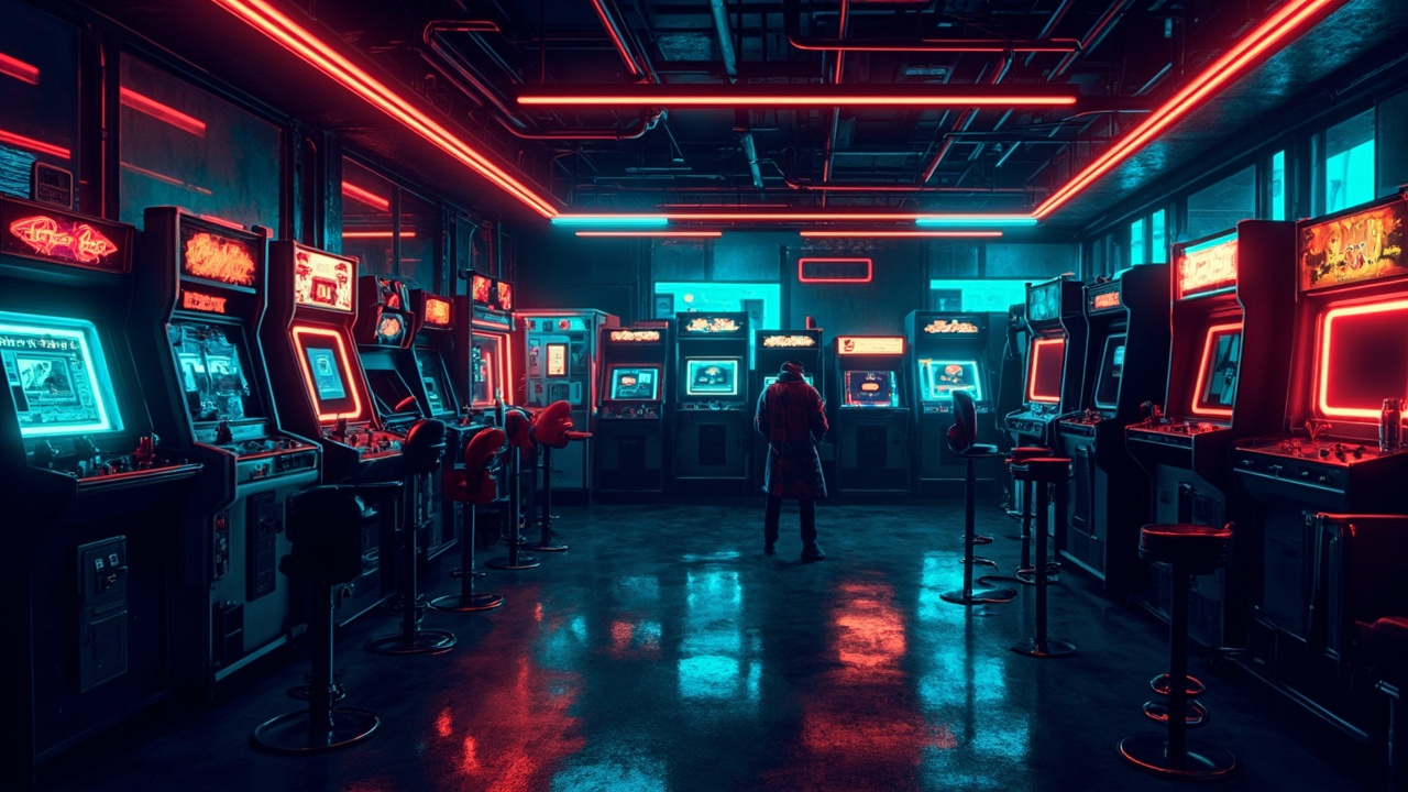 Illustration of a neon-lit retro arcade interior