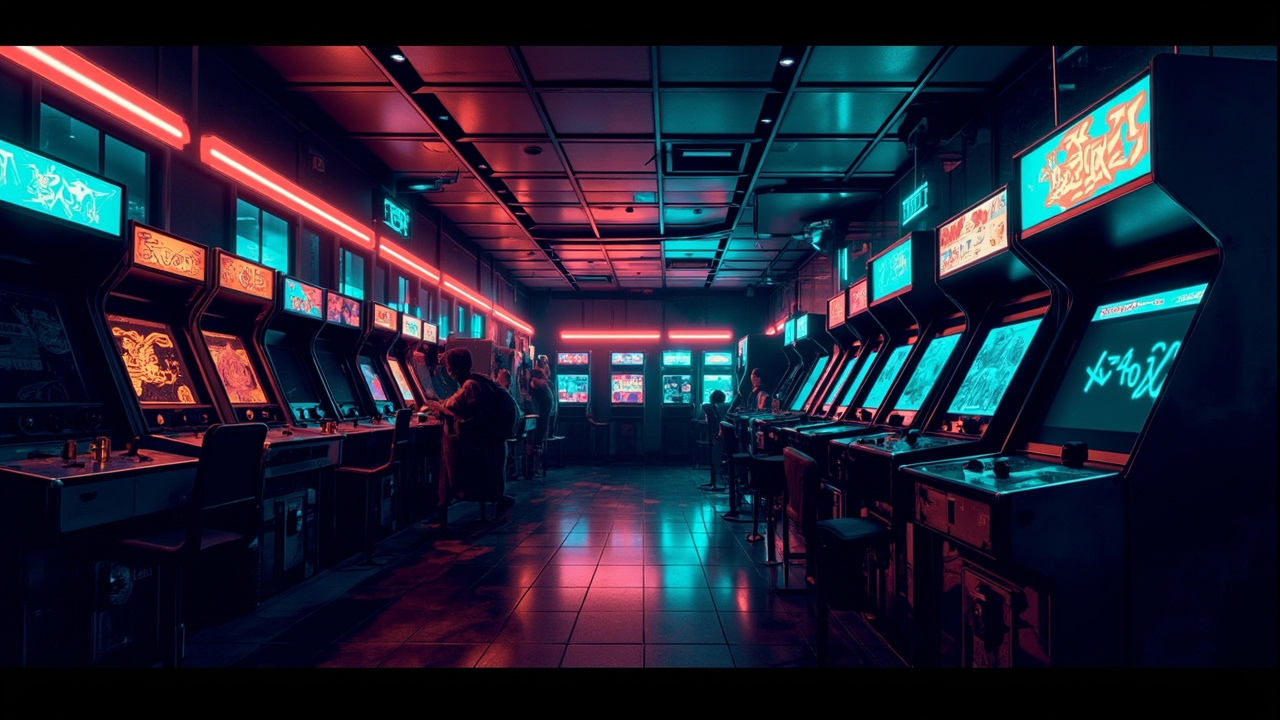 Illustration of a neon-lit retro arcade interior