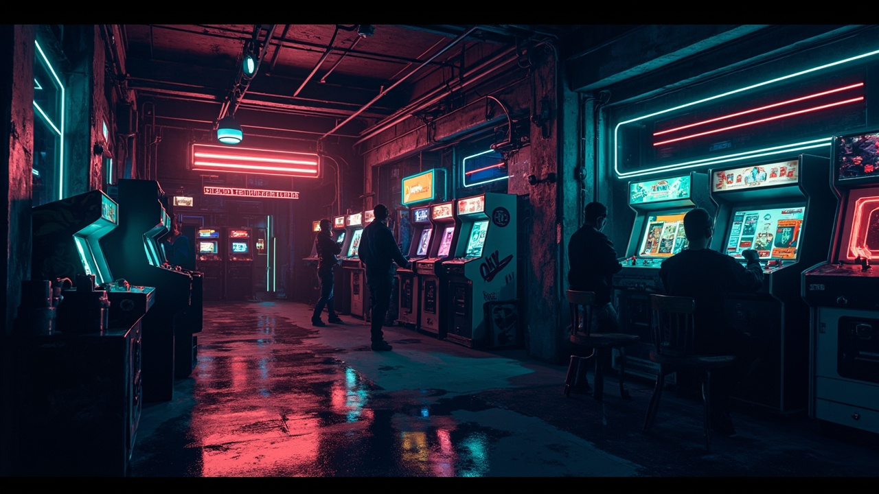 Illustration of a neon-lit retro arcade interior