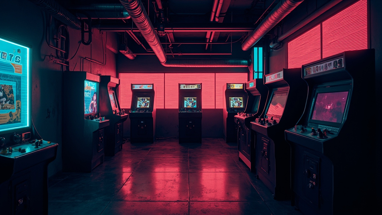 Illustration of a neon-lit retro arcade interior