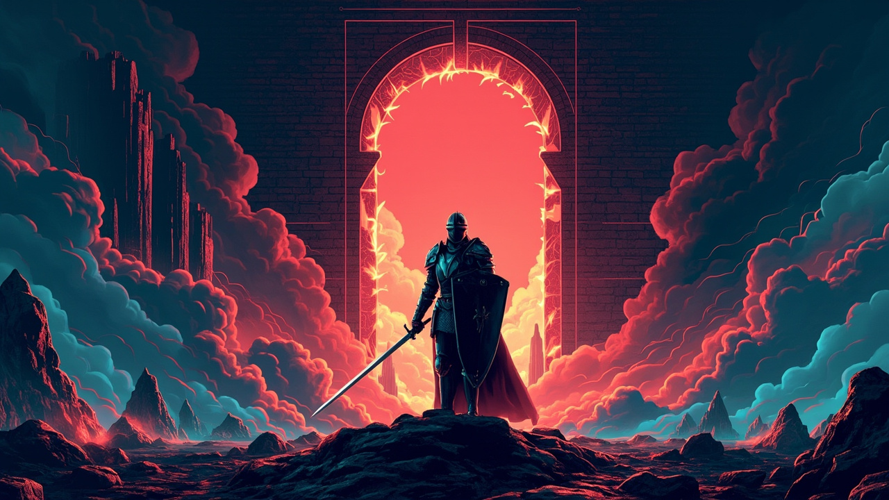 Illustration: An armored knight holding a sword and shield stands before a tall arch of fire amid a burning castle landscape.