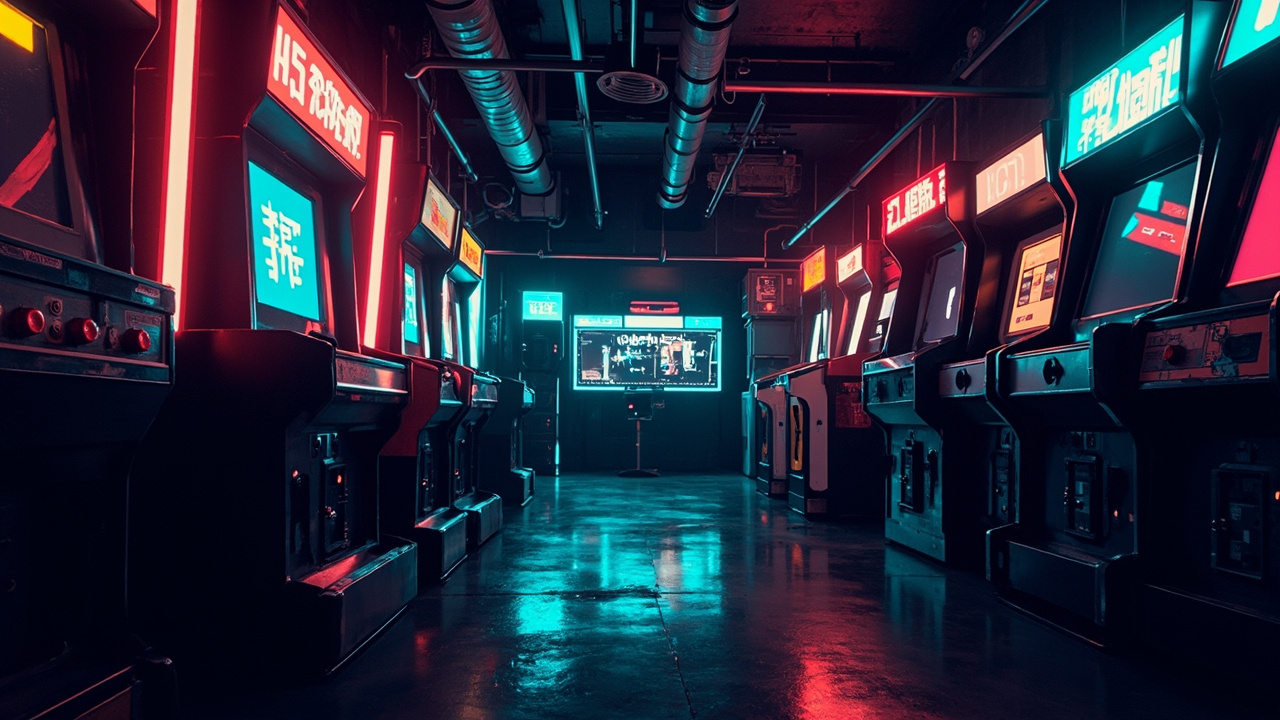 Illustration of a neon-lit retro arcade interior