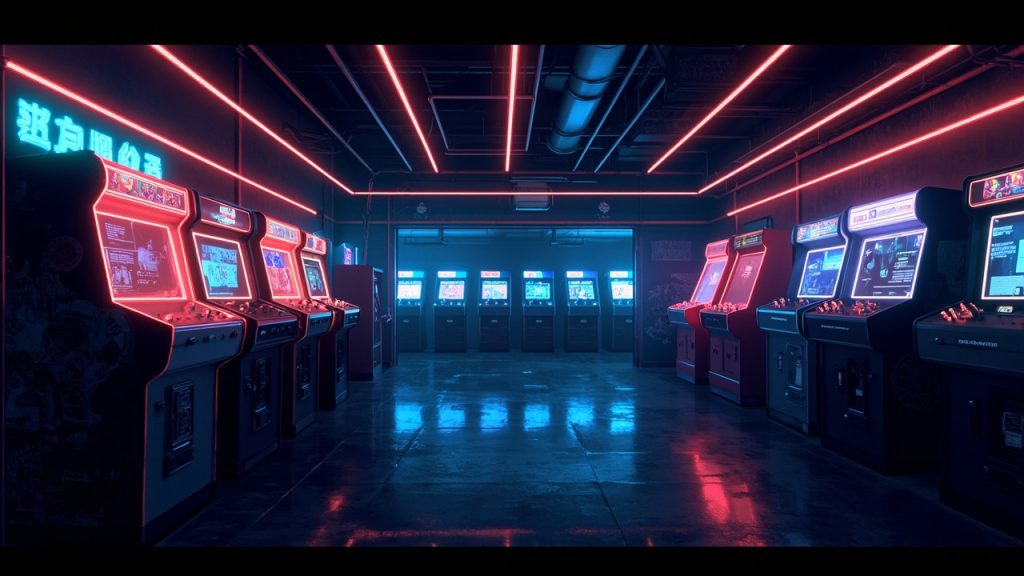 Illustration of a neon-lit retro arcade interior