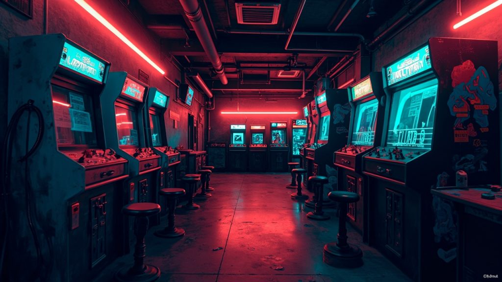 Illustration of a neon-lit retro arcade interior