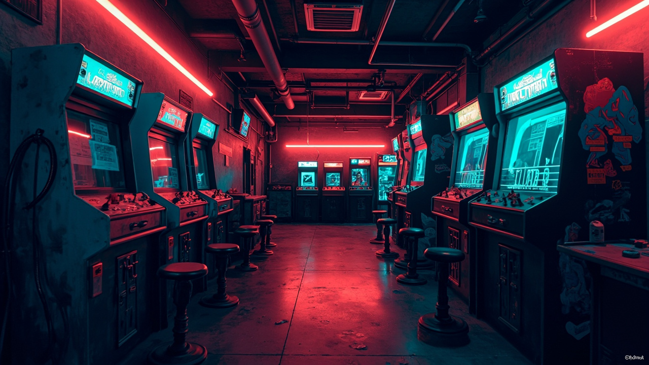 Illustration of a neon-lit retro arcade interior