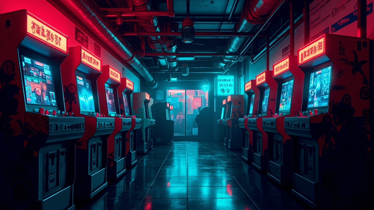 Illustration of a neon-lit retro arcade interior