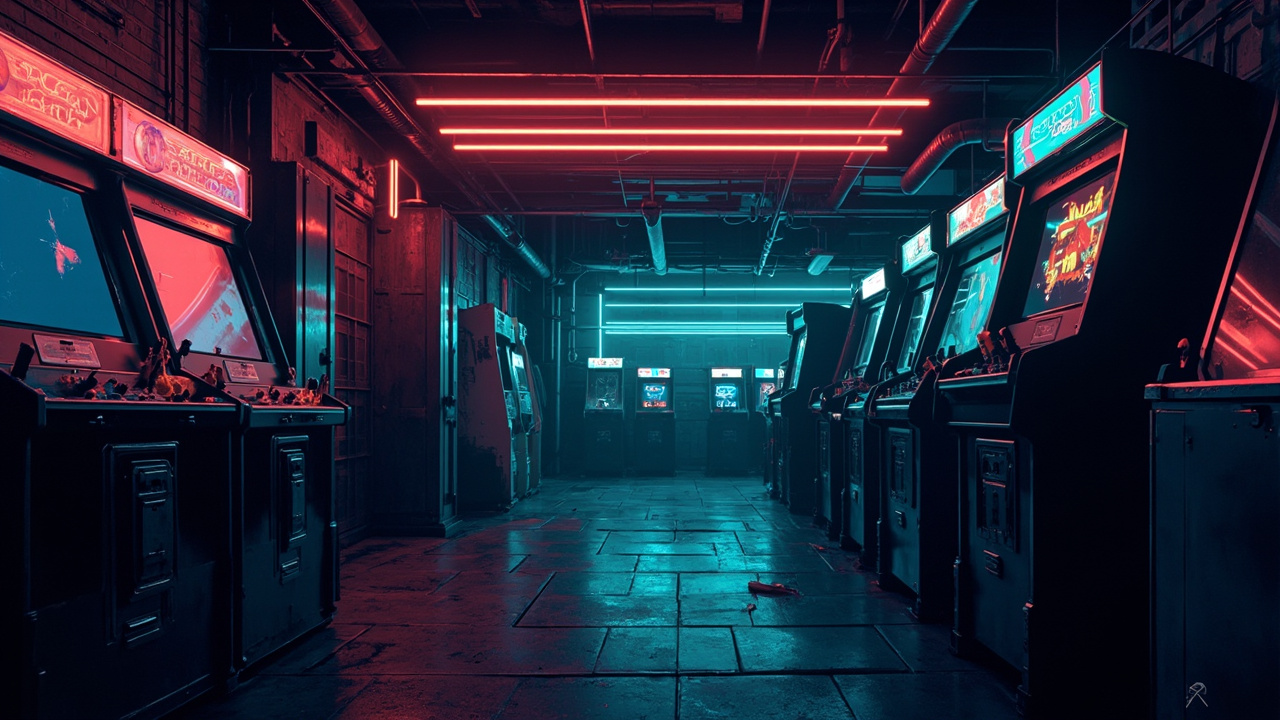 Illustration of a neon-lit retro arcade interior