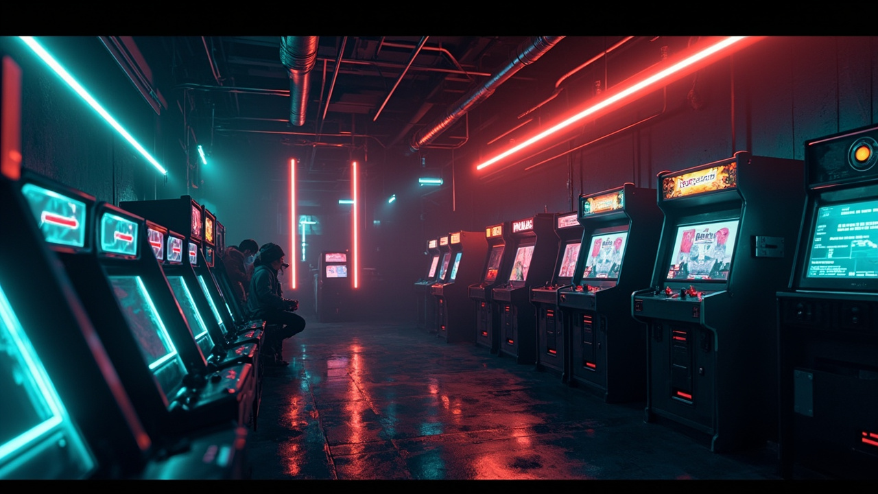 Illustration of a neon-lit retro arcade interior