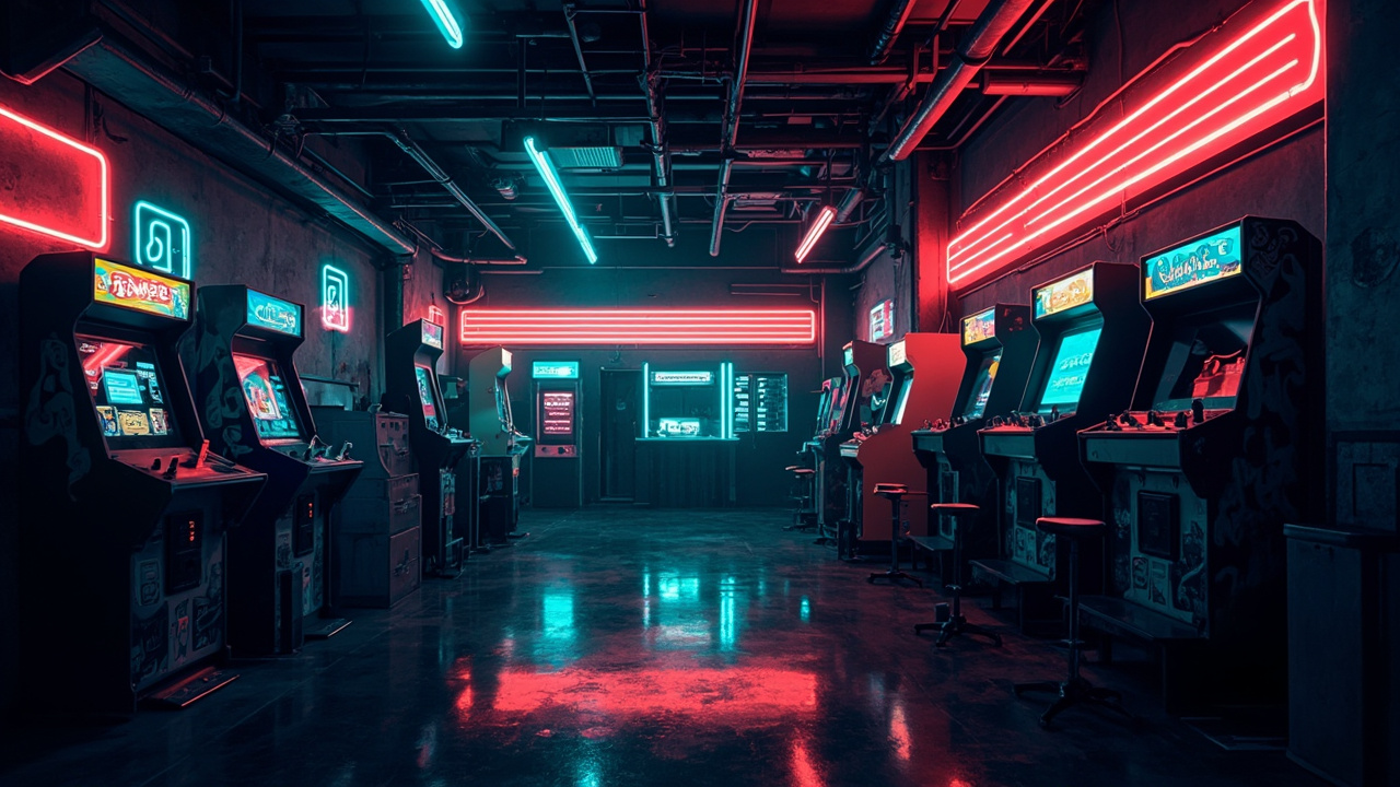 Illustration of a neon-lit retro arcade interior