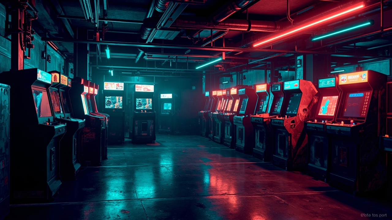 Illustration of a neon-lit retro arcade interior