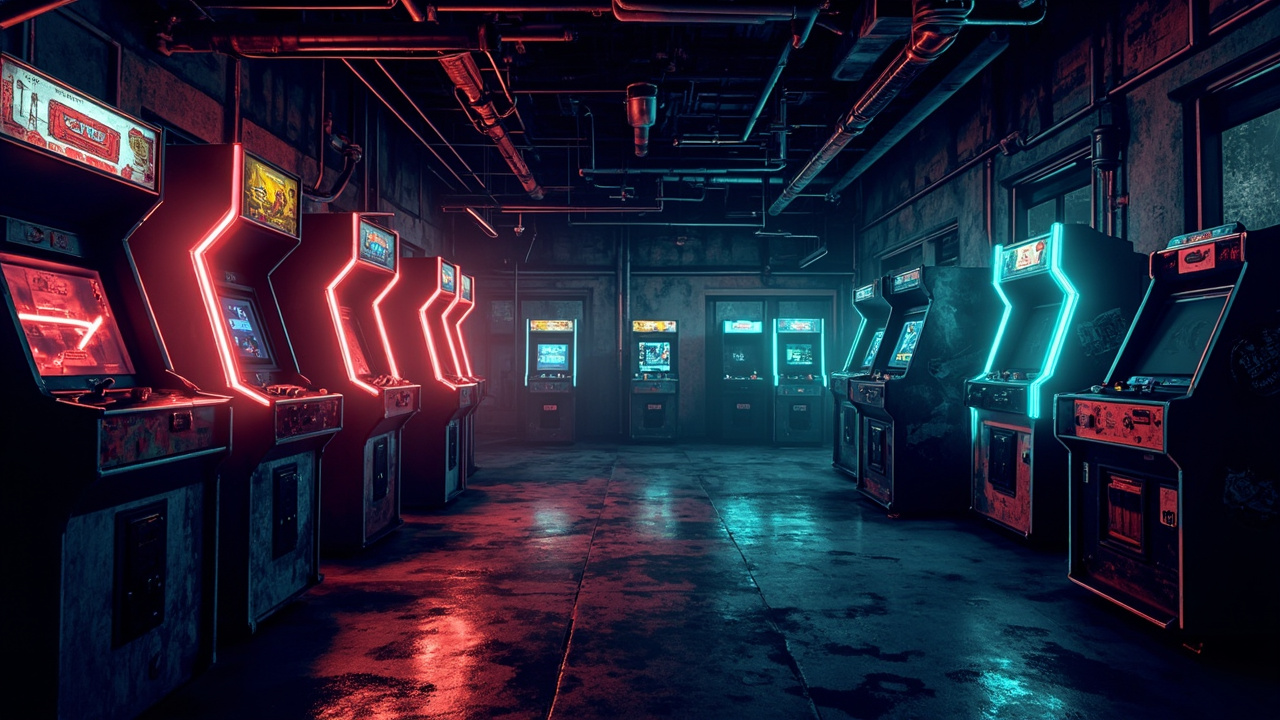 Illustration of a neon-lit retro arcade interior