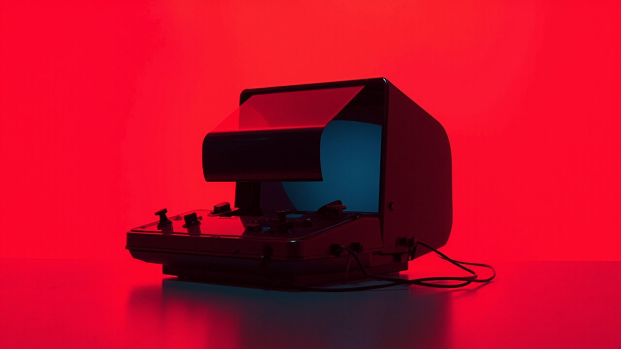 Illustration: A red and black tabletop stereoscopic gaming console with a visor-like display housing sits against a solid red background.