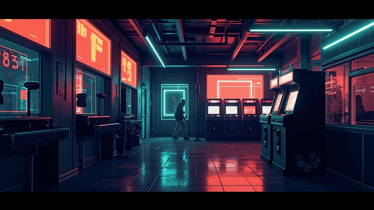 Illustration of a neon-lit retro arcade interior